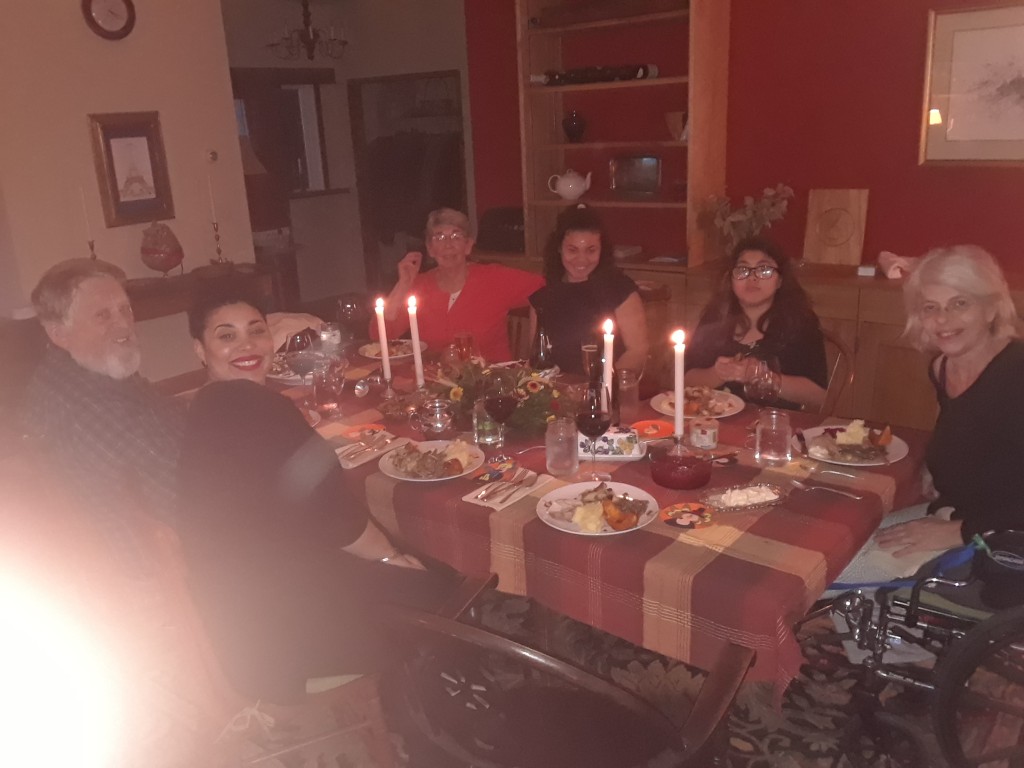 Thanksgiving dinner.  You can't cook from a wheelchair, so Mary 'supervised.' I cooked the turkey, but Charon and Maggie did most of the work. 