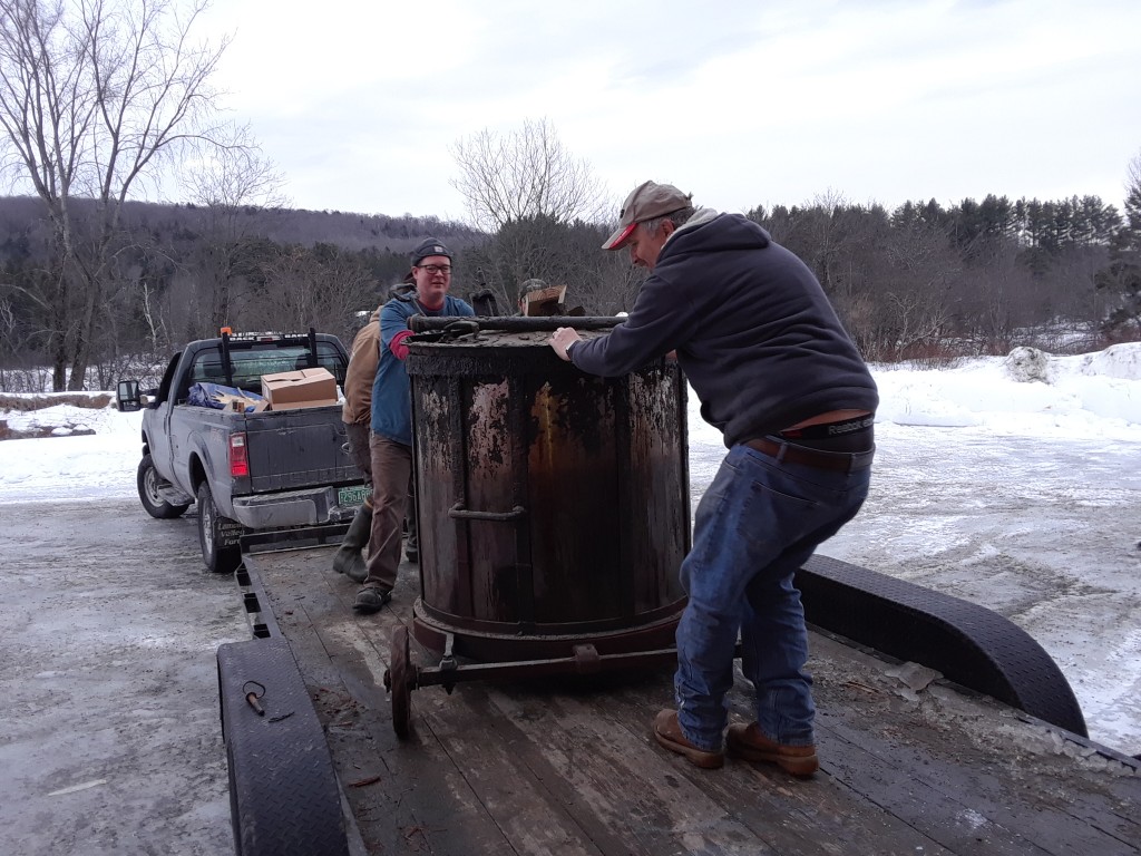 Devin and John moving the kettle which Bob used to use to cook tung oil back in the early days.  Over an open flame!