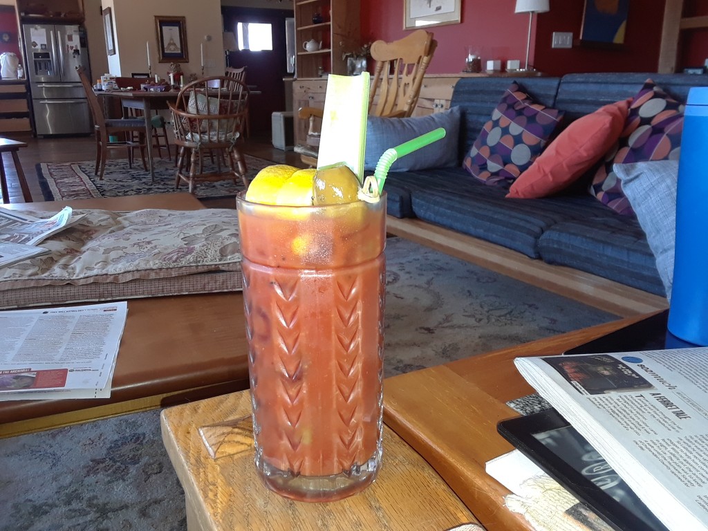 This morning, we got up late and, while Mary made brunch, Celia made bloody Marys.